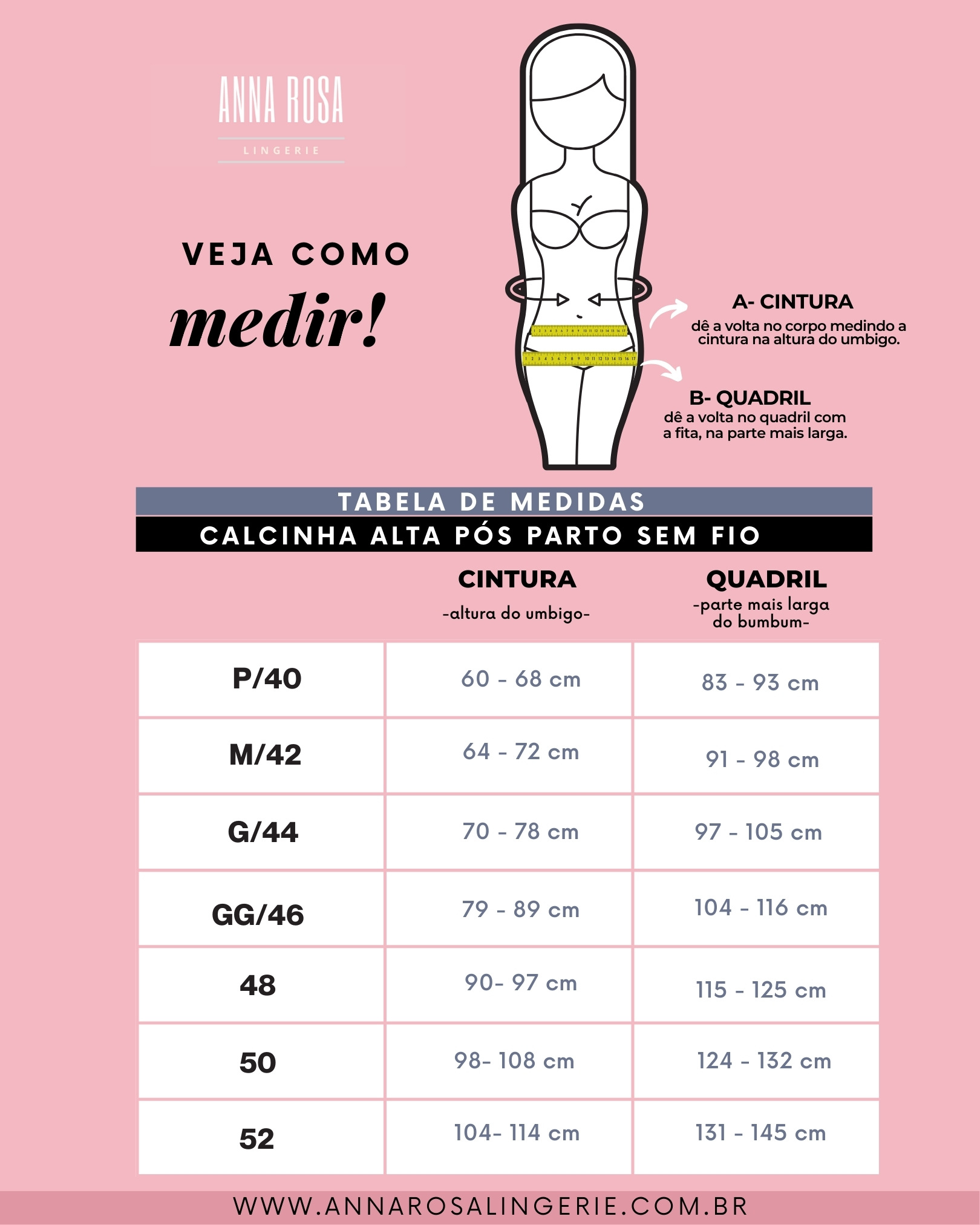 TABELA DE MEDIDAS CALCINHA PÓS PARTO